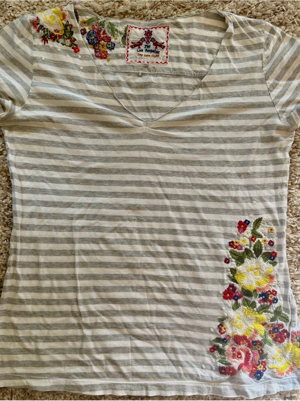 Johnny Was Striped V-Neck Tee with Floral Embroidery - Gray & White